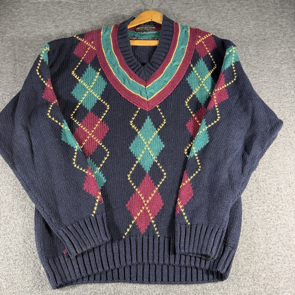 Vintage 90s New River J Riggins Mens Argyle Tennis Sweater Size XL Academia